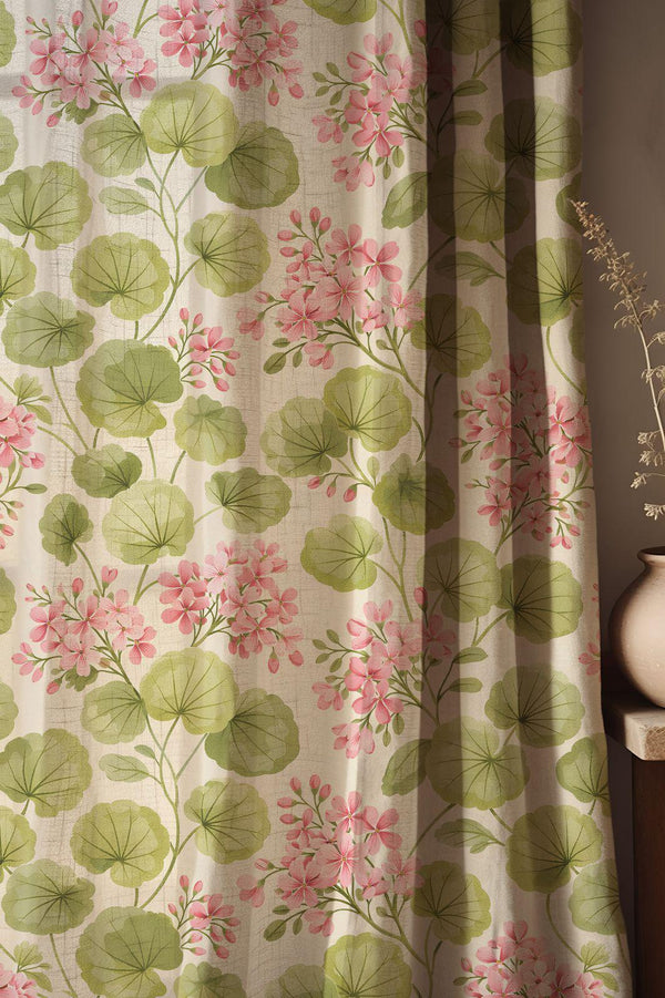 Pink Geranium Floral Linen Curtain, Vintage Botanical Leaf Design Window Panel, Custom Size