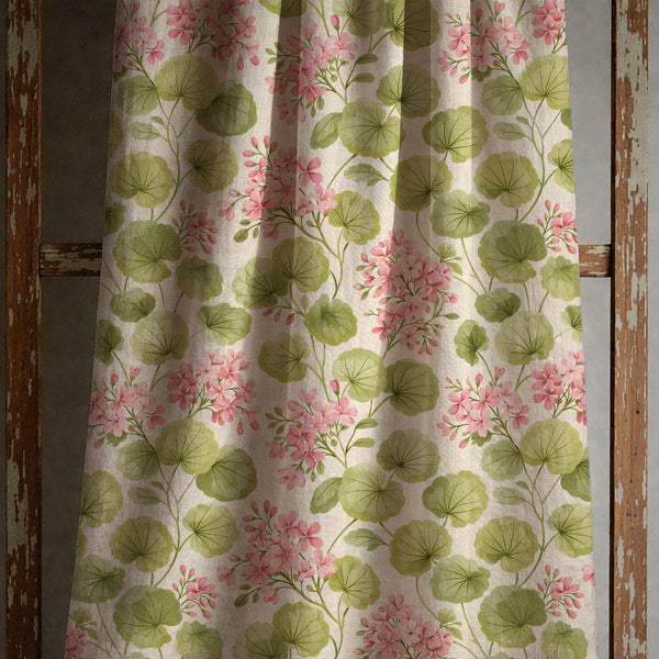 Pink Geranium Floral Linen Curtain, Vintage Botanical Leaf Design Window Panel, Custom Size