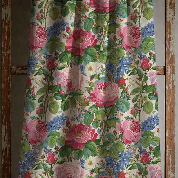 Pink Rose Linen Curtain, Cottage Garden Floral Window Panel, Custom Size