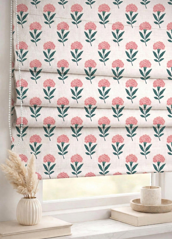 Pink Floral Roman Shade : Minimal Block Print Window Blind, Printed Custom Chain