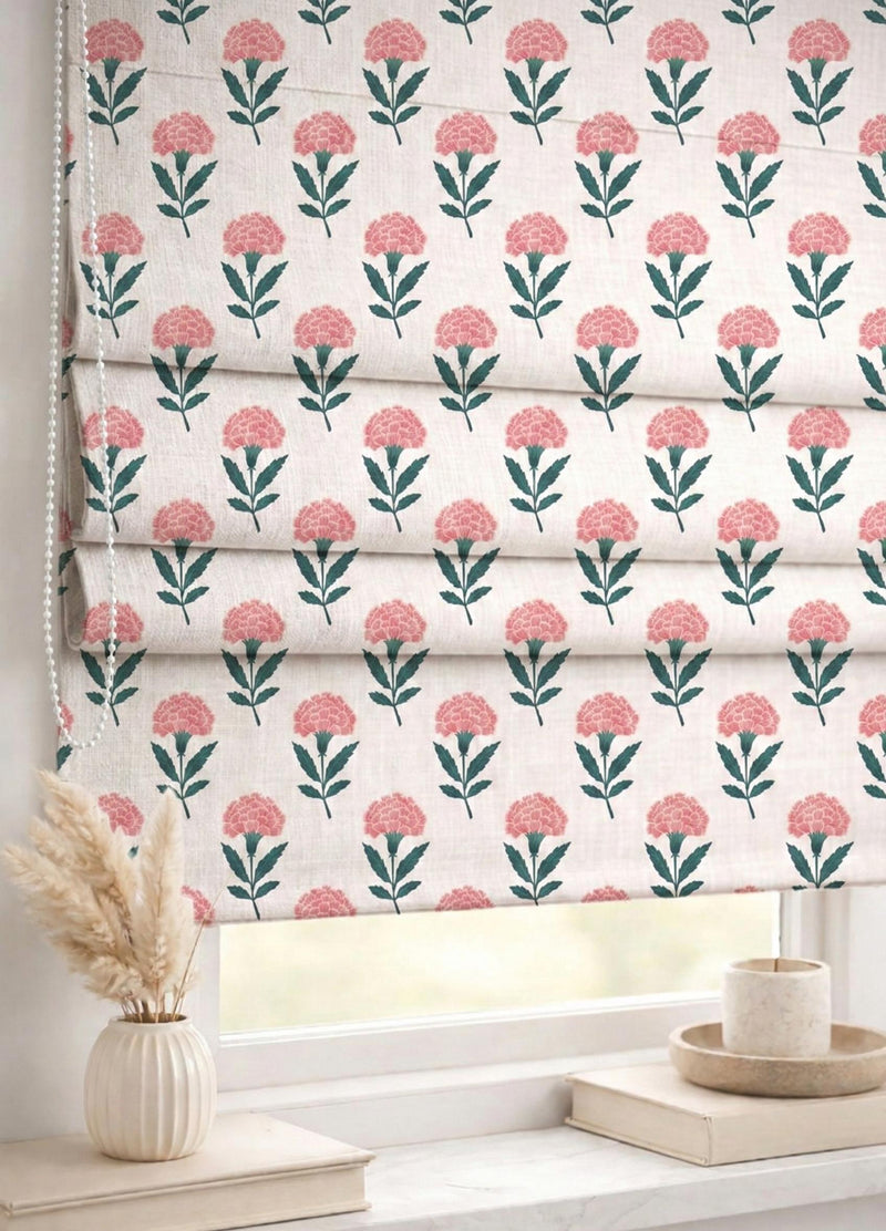 Pink Floral Roman Shade : Minimal Block Print Window Blind, Printed Custom Chain