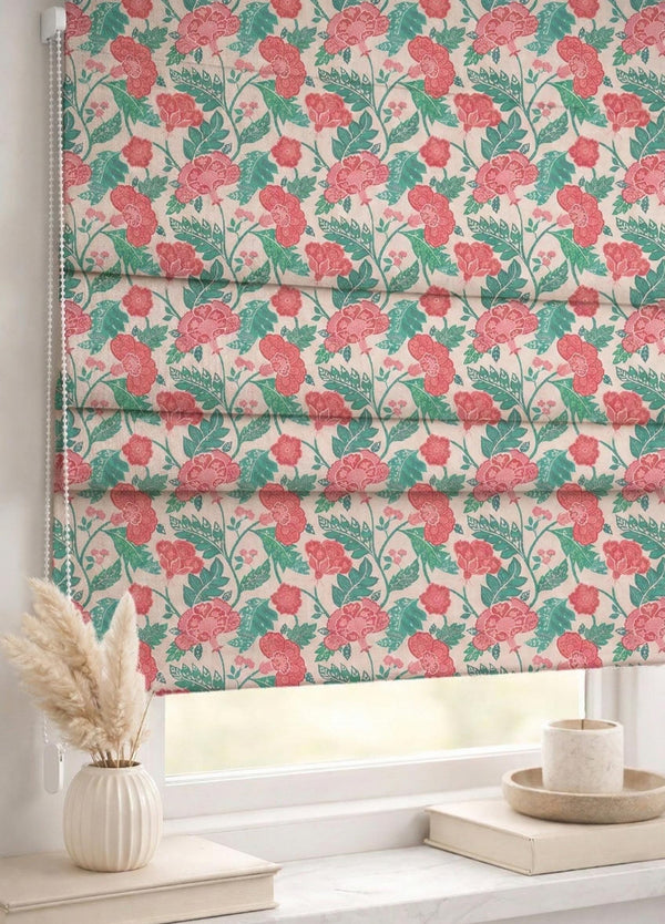 Pink Green Floral Roman Shade : Vintage Garden Botanical Window Blind, Printed Custom Chain