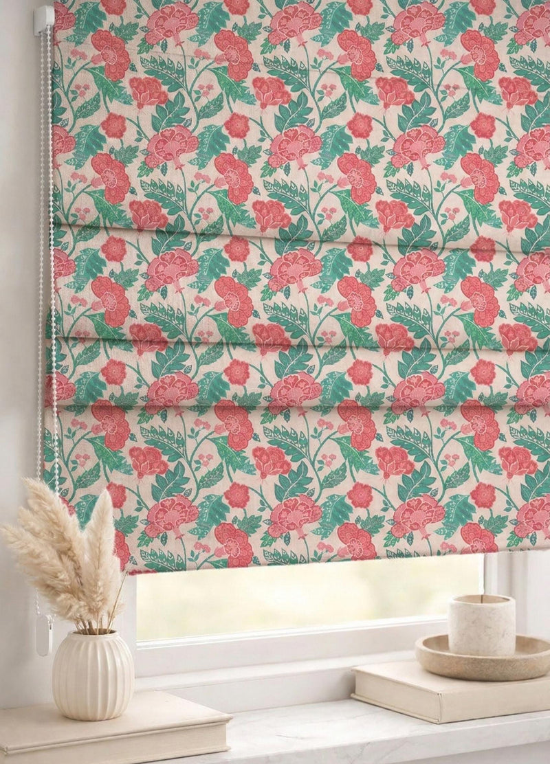 Pink Green Floral Roman Shade : Vintage Garden Botanical Window Blind, Printed Custom Chain