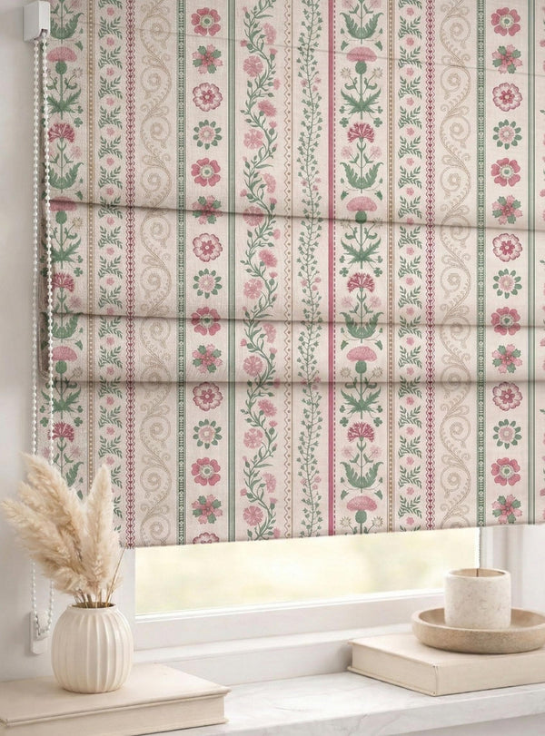 Pink Green Stripe Roman Shade : Folk Floral Border Print Window Blind, Printed Custom Chain