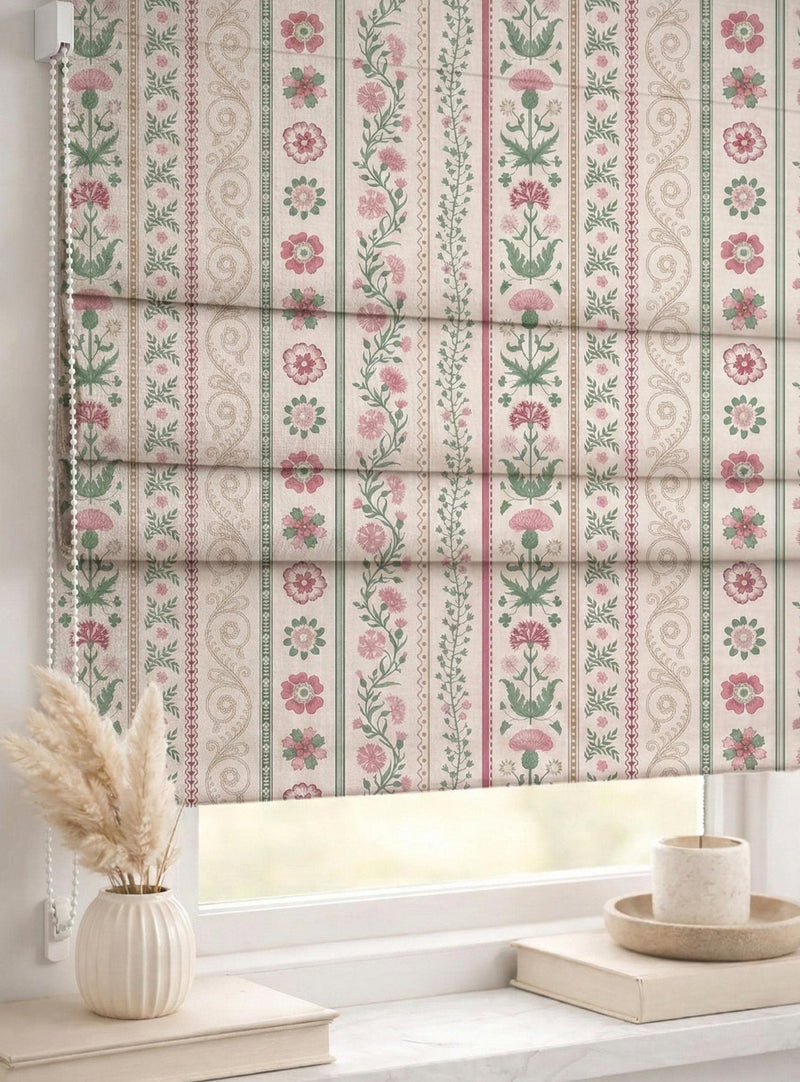 Pink Green Stripe Roman Shade : Folk Floral Border Print Window Blind, Printed Custom Chain