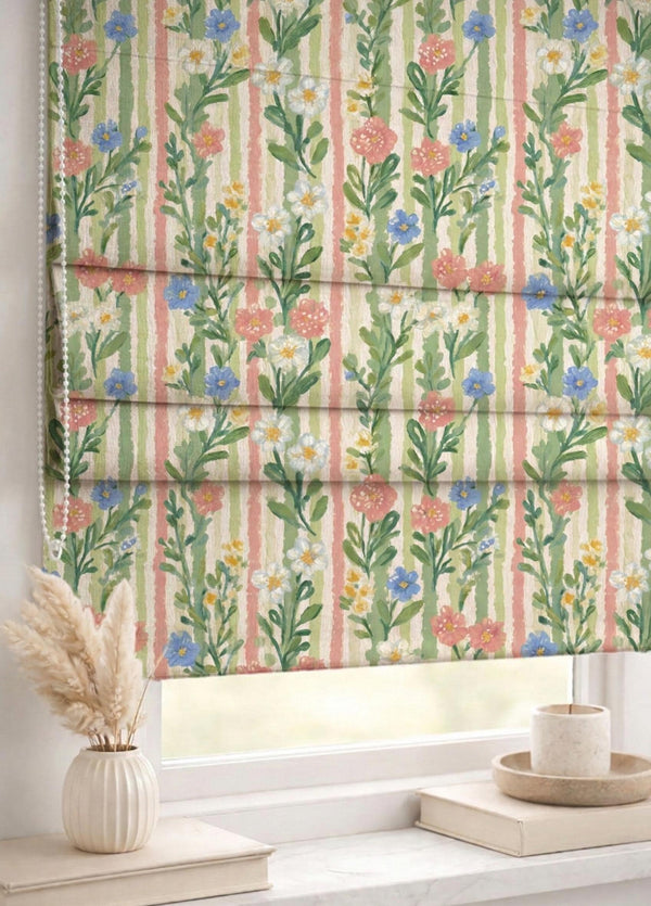 Floral Stripe Roman Shade : Pastel Wildflower Window Blind, Printed Custom Chain