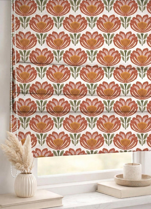 Retro Floral Roman Shade : Orange Mustard Folk Flower Window Blind, Printed Custom Chain