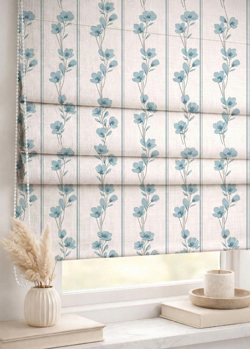 Blue Floral Vine Roman Shade : Minimal Botanical Stripe Window Blind, Printed Custom Chain