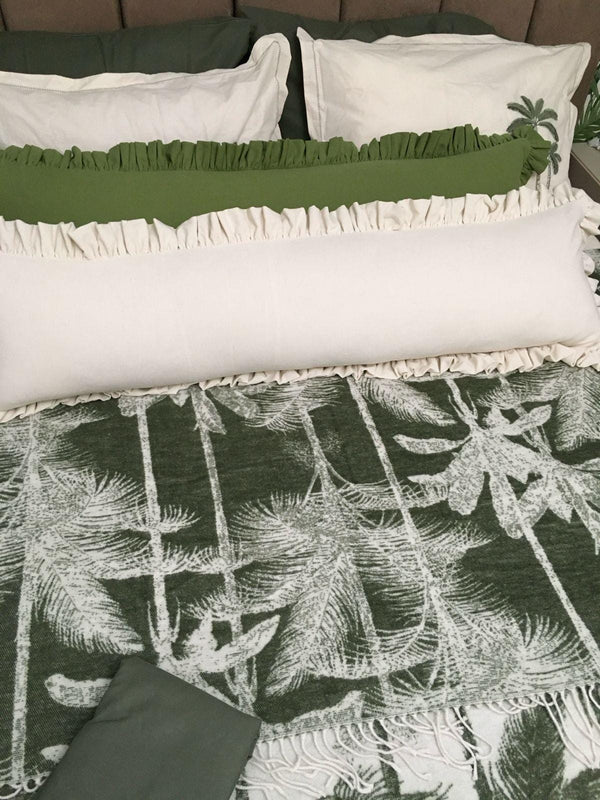 Solid Color Ruffled Linen Lumbar Pillow Cover, Farmhouse Bolster Cushion