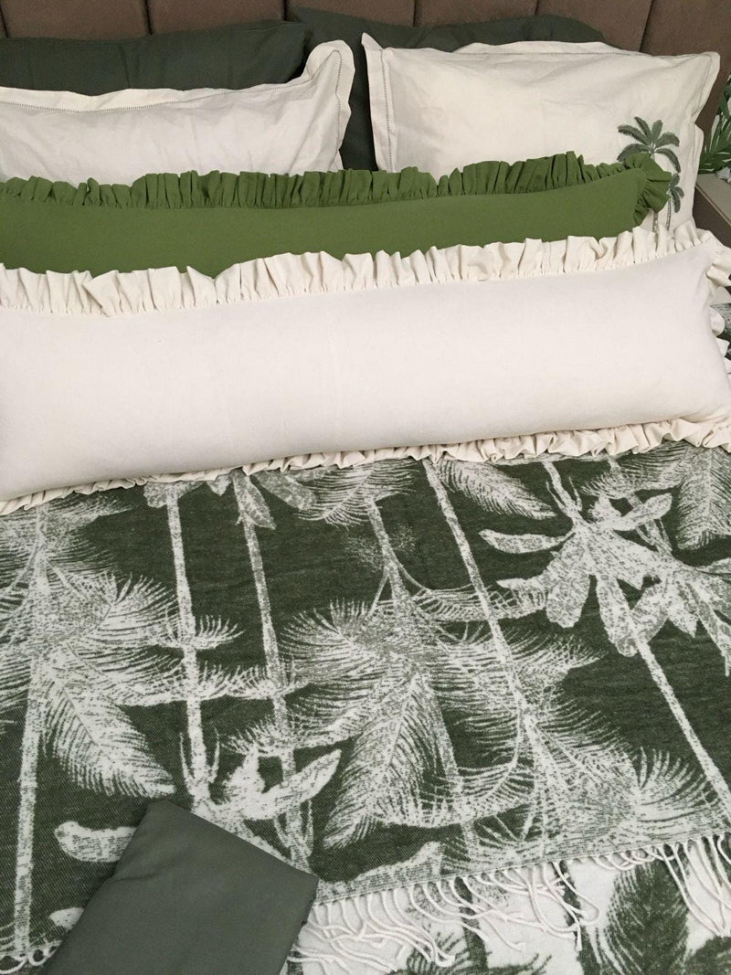 Solid Color Ruffled Linen Lumbar Pillow Cover, Farmhouse Bolster Cushion