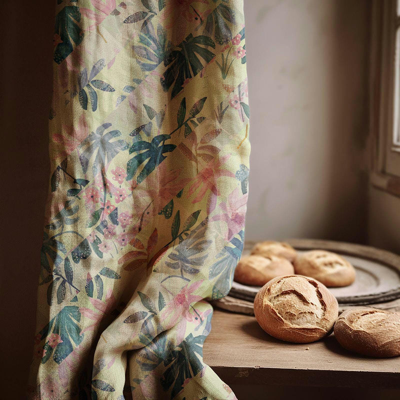 Tropical Watercolor Botanical Linen Curtain – Pink & Teal Leaf Pattern Print Drape