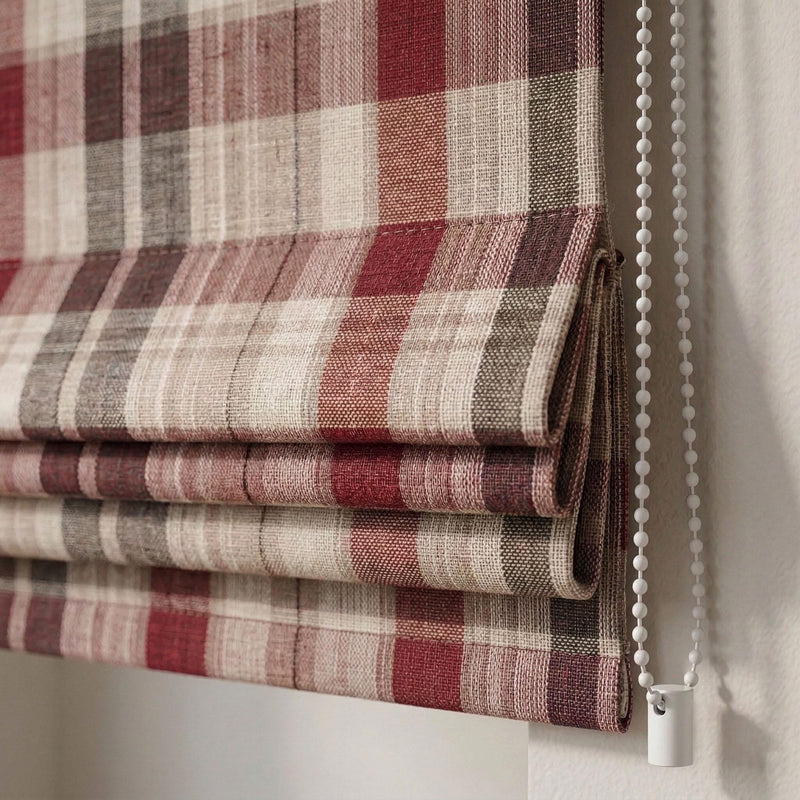 Plaid Roman Shade, Red Beige Tartan Linen Look Blind, Farmhouse Kitchen Curtain