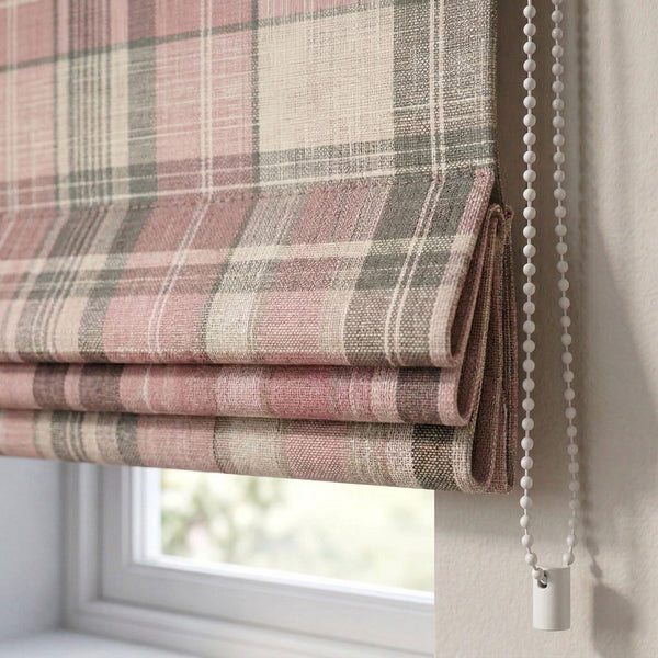 Pink Plaid Roman Shade, Linen Texture Window Blind, Farmhouse Cottage Style Curtain