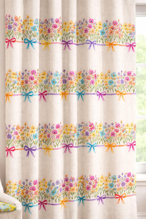 Floral Bow Linen Curtain, Wildflower Nursery Window Panel, Cottagecore Spring Home