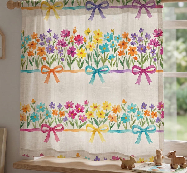 Floral Bow Linen Curtain, Wildflower Nursery Window Panel, Cottagecore Spring Home