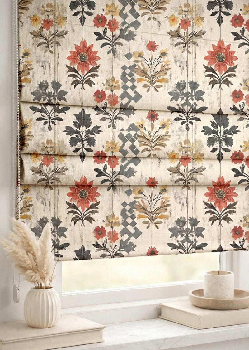 Boho Floral Linen Roman Shade : Vintage Folk Botanical Window Blind, Printed Custom Chain