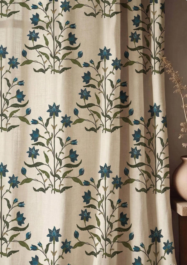 Blue Botanical Linen Curtain Panel, William Morris Style Floral Drapes