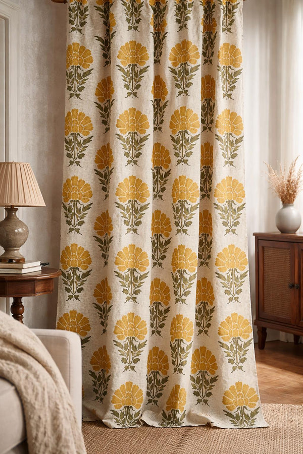 Mustard Floral Linen Curtain, Botanical Cottagecore Window Drapes, Custom Size