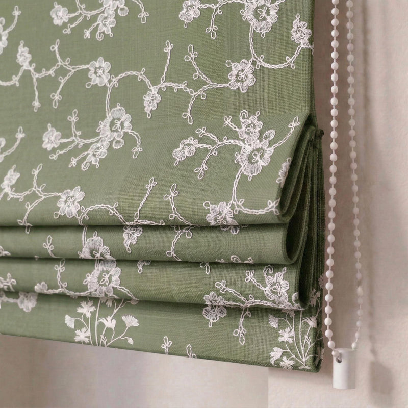 Sage Green Embroidered Roman Shade, Linen Look Custom Window Blind