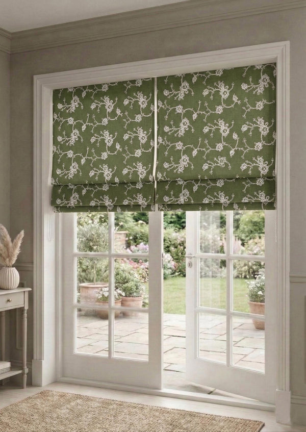 Sage Green Embroidered Roman Shade, Linen Look Custom Window Blind