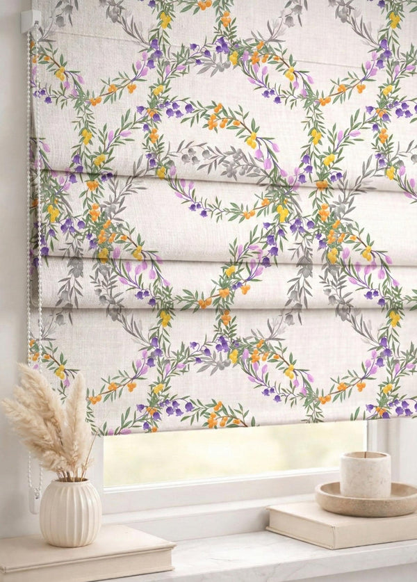 Floral Vine Roman Shade : Purple Yellow Botanical Window Blind, Printed Custom Chain