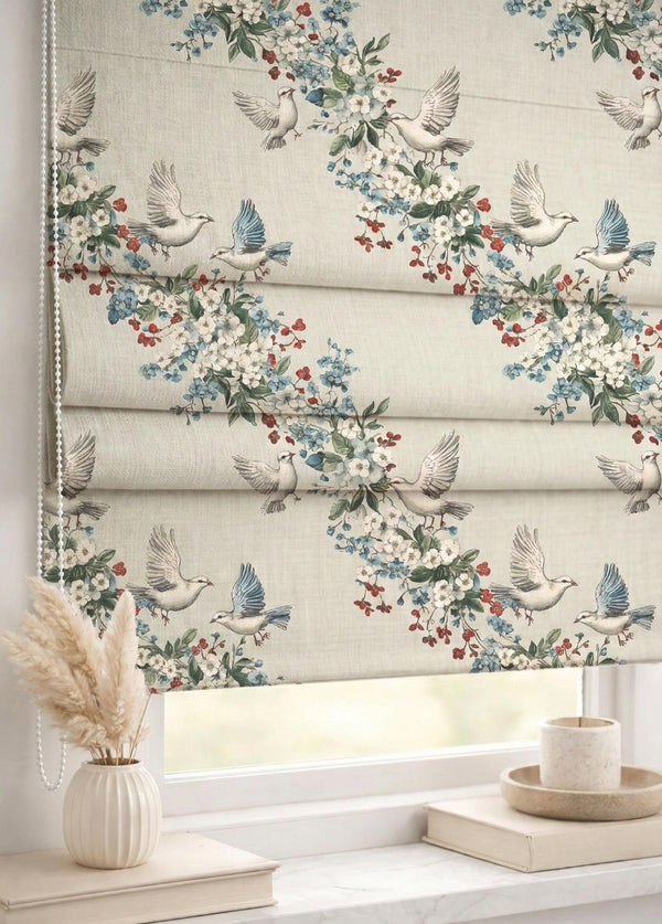 Bird Floral Roman Shade : Vintage Chinoiserie Window Blind, Printed Custom Chain