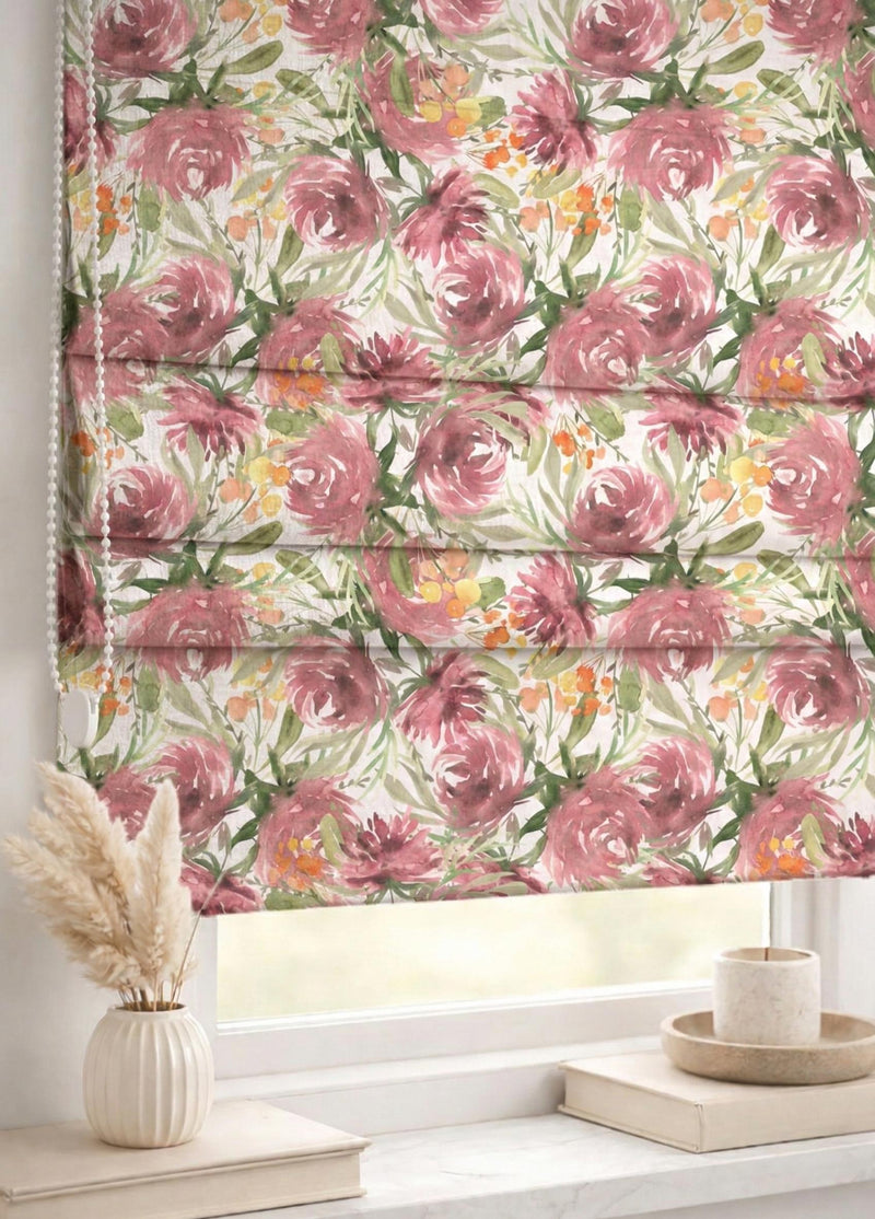 Watercolor Floral Roman Shade : Pink Rose Botanical Window Blind, Printed Custom Chain