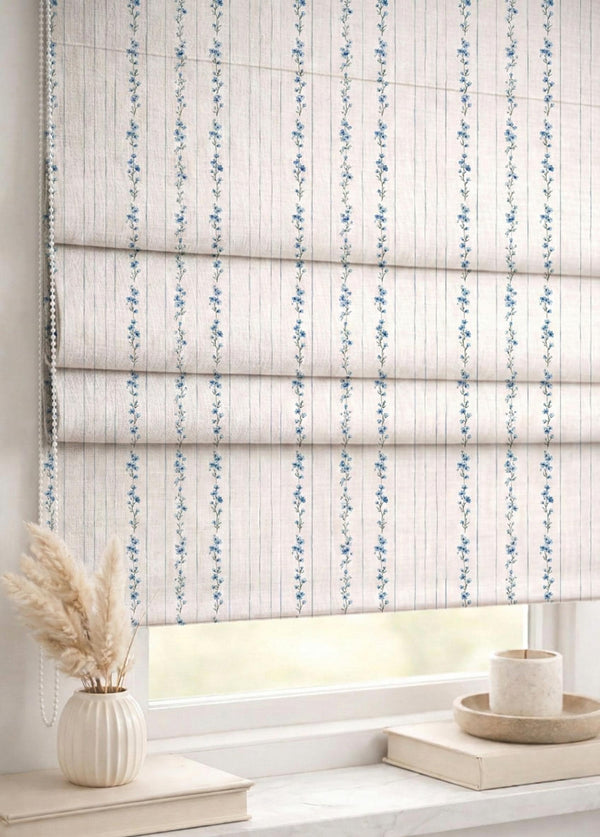 Blue Floral Stripe Roman Shade : Minimal Vintage Botanical Window Blind, Printed Custom Chain