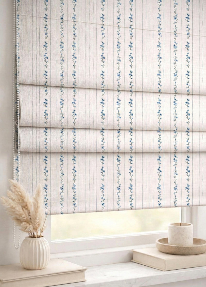 Blue Floral Stripe Roman Shade : Minimal Vintage Botanical Window Blind, Printed Custom Chain