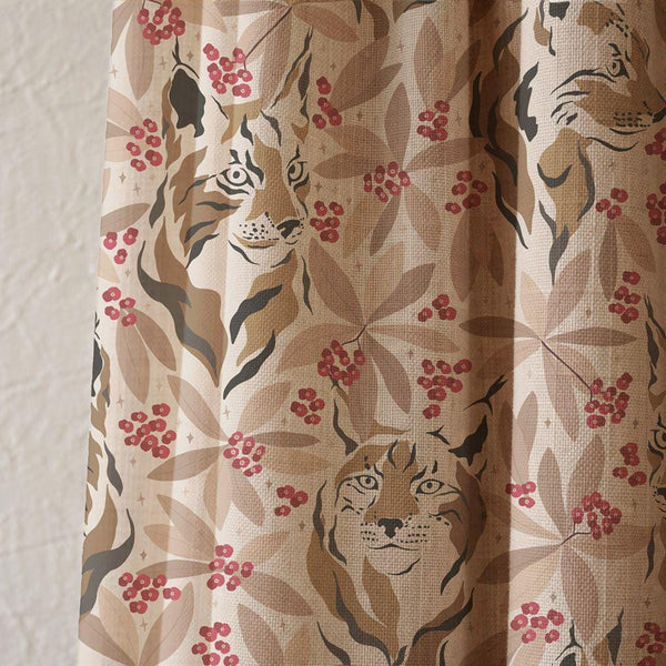 Woodland Wildcat and Red Berry Linen Curtain, Botanical Animal Print Drapes,  Custom Size