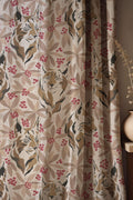 Woodland Wildcat and Red Berry Linen Curtain, Botanical Animal Print Drapes,  Custom Size - Image 1