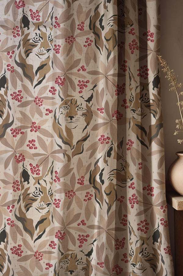 Woodland Wildcat and Red Berry Linen Curtain, Botanical Animal Print Drapes,  Custom Size