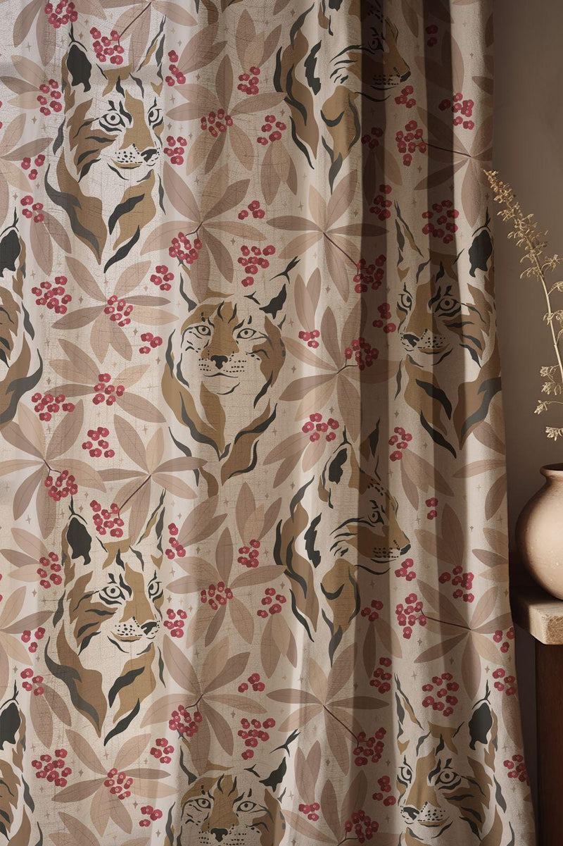Woodland Wildcat and Red Berry Linen Curtain, Botanical Animal Print Drapes,  Custom Size