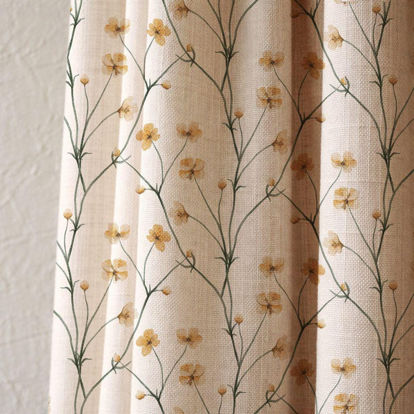 Yellow Floral Vine Linen Curtain, Delicate Botanical Watercolor Print Drapes,  Custom Size