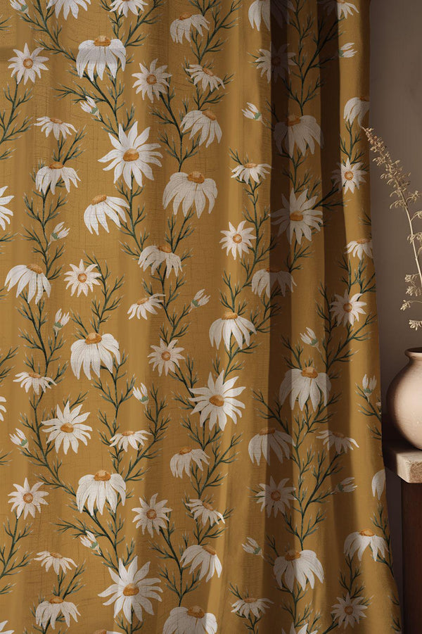 Mustard Yellow Daisy Linen Curtain, White Floral Botanical Print Drapes,  Custom Size