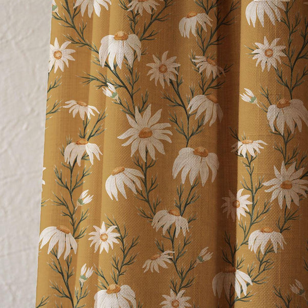Mustard Yellow Daisy Linen Curtain, White Floral Botanical Print Drapes,  Custom Size