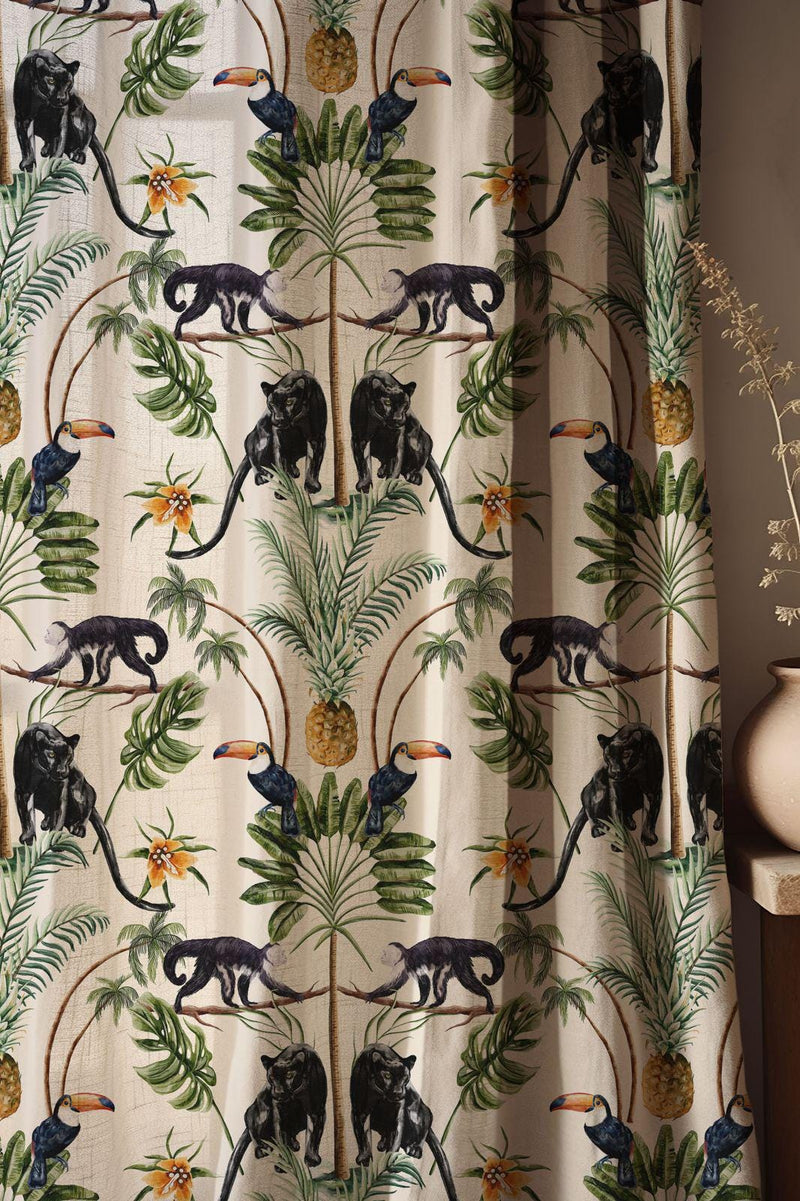 Tropical Jungle Animal Linen Curtain, Black Panther Toucan Palm Leaf Print Drapes,  Custom Size
