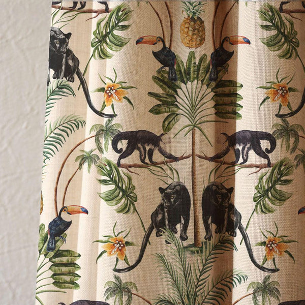 Tropical Jungle Animal Linen Curtain, Black Panther Toucan Palm Leaf Print Drapes,  Custom Size