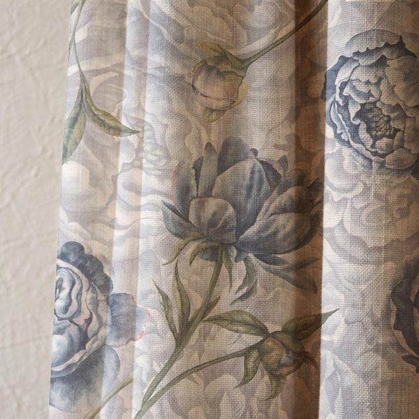 Vintage Blue Peony Linen Curtain, Watercolor Botanical Print Drapes,  Custom Size