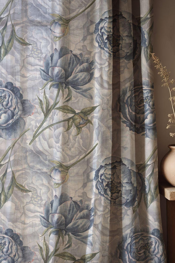 Vintage Blue Peony Linen Curtain, Watercolor Botanical Print Drapes,  Custom Size