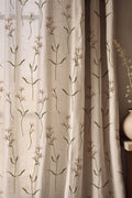 Wildflower Sprig Linen Curtain, Pink Blooms and Green Stems Print Drapes,  Custom Size - Image 1