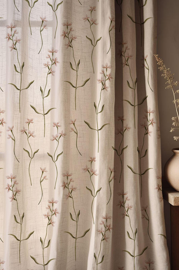 Wildflower Sprig Linen Curtain, Pink Blooms and Green Stems Print Drapes,  Custom Size