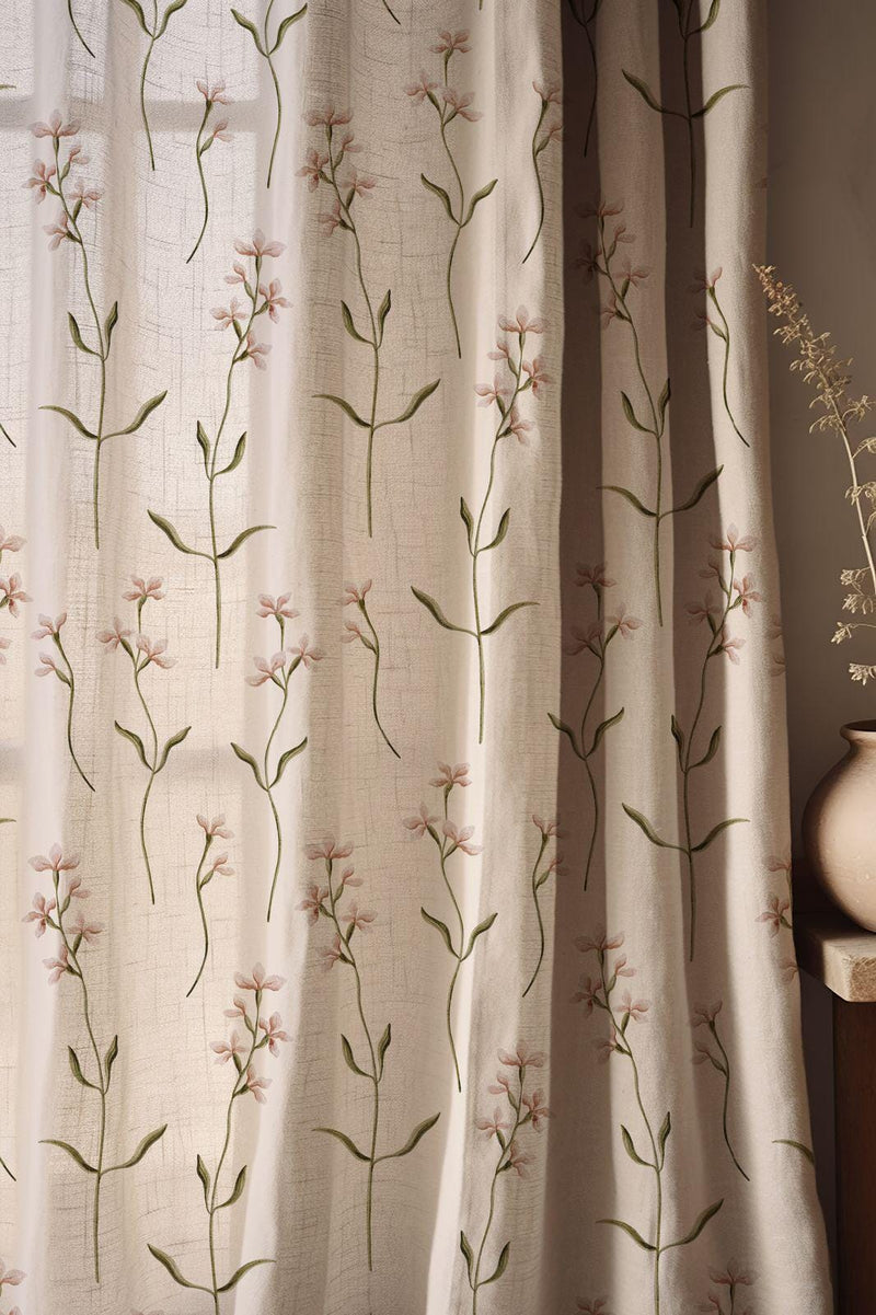 Wildflower Sprig Linen Curtain, Pink Blooms and Green Stems Print Drapes,  Custom Size