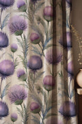 Large Purple Thistle Linen Curtain, Green Leaves Print Drapes,  Custom Size - Image 1