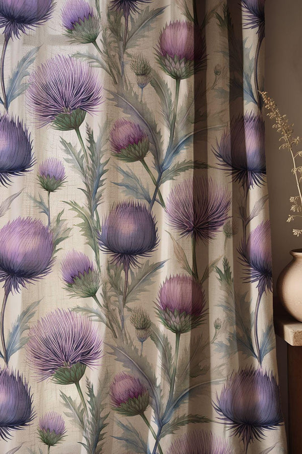 Large Purple Thistle Linen Curtain, Green Leaves Print Drapes,  Custom Size