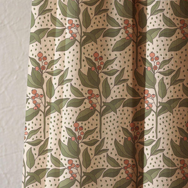 Green Leaf And Red Berry Linen Curtain, Botanical Print Drapes,  Custom Size