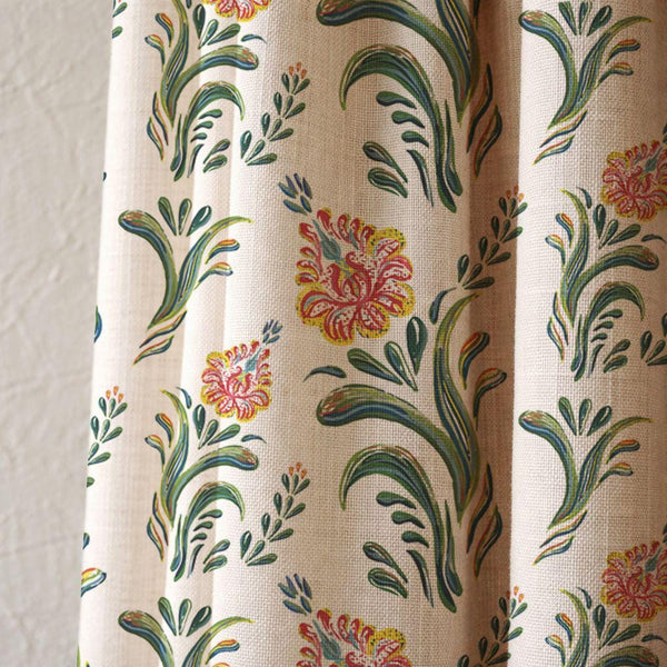 Colorful Folk Art Floral Linen Curtain, Green Stems & Red Blooms Print Drapes,  Custom Size