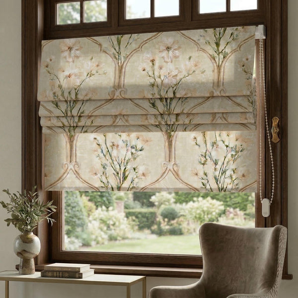 Floral Roman Shade, Beige Botanical Linen-Look Window Treatment, French Country Style Blind