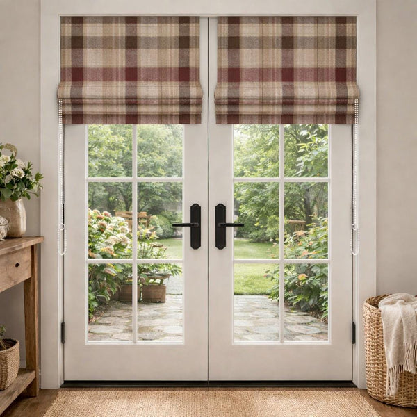 Plaid Roman Shade, Red Beige Tartan Linen Look Blind, Farmhouse Kitchen Curtain