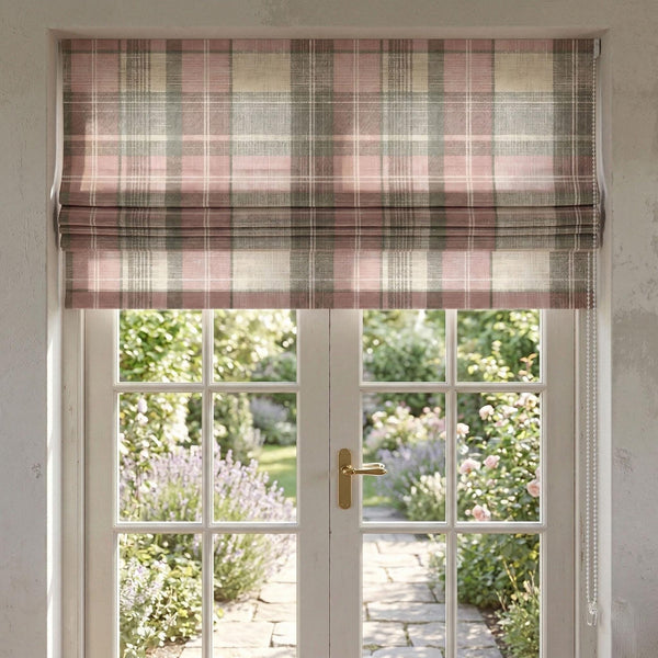 Pink Plaid Roman Shade, Linen Texture Window Blind, Farmhouse Cottage Style Curtain